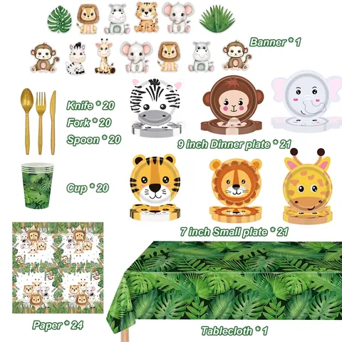 Stoviglie Festa Safari Giungla Piatti Usa E Getta Forma Animale Tovaglia Foglie Tropicali Banner Cartone Animato Decorazioni