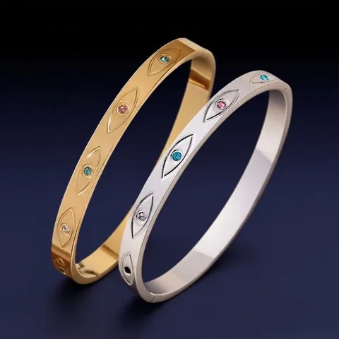 Brazalete Ojo Turco Acero Inoxidable Para Mujer Chapado En Oro 18K Diamantes Coloridos Joyería Impermeable Retro Boho