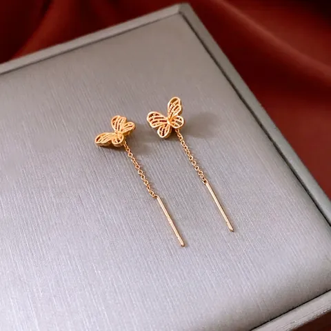 Butterfly Ear Threader Earrings 18K Gold Plated Copper Hollow Long Tassel Vintage Minimalist Elegant Jewelry For Women