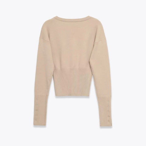 Damen Kurze Strickjacke Langarm Laternenärmel Knopfleiste Rundhals Gerippter Saum Schmale Passform Eleganter Pullover