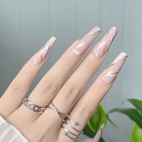Long Coffin Press On Nails Marble Pattern White Wave Gold Lines Nude Pink Fake Nails For Women Fashion Manicure