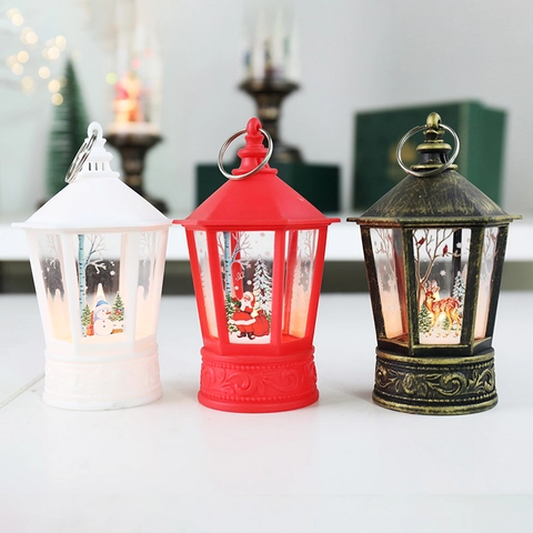 Christmas Decorative Small Lantern Night Light Santa Claus Snowman Pattern LED Glowing Retro Lantern For Xmas Party Home Decor Gift