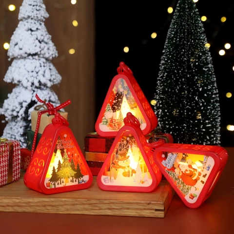 LED Christmas Lantern Night Light Triangular Plastic Glowing Hanging Ornament Vintage Desktop Holiday Decor Atmosphere