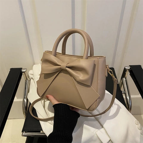 Women PU Leather Shoulder Bag Large Bow Square Handbag Elegant Solid Color Top Handle Crossbody Purse For Ladies