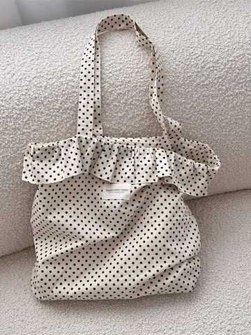 Polka Dot Canvas Tote Umhängetasche Mit Rüschenbesatz Große Kapazität Handtasche Für Frauen Studenten Lässig Pendeln