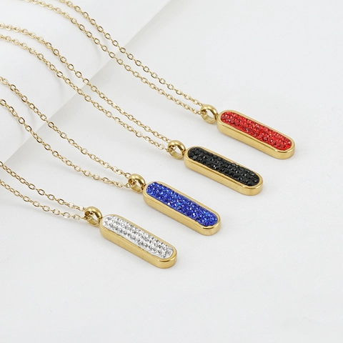 Women Jewelry Set Stainless Steel 18K Gold Plated Inlaid Rhinestone Rectangle Geometric Pendant Necklace Stud Earrings