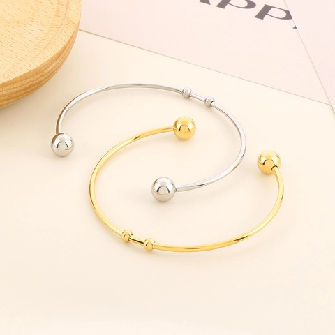 Brazalete Abierto De Acero Inoxidable Minimalista Pulsera En Forma De C Con Extremos De Bola Chapado En Oro De 18K Estilo Ins Joyería Mujer