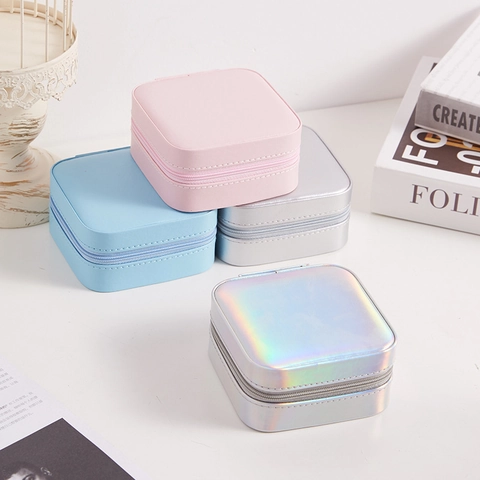 Portable Square PU Leather Jewelry Box With Mirror Zipper Closure Large Capacity Earring Ring Necklace Storage Organizer