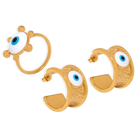 Evil Eye Schmuck Kollektion Vintage Edelstahl Emaille Gehämmert Creolen Und Ring Für Damen Retro Minimalistisch