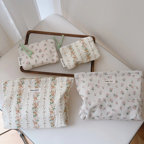 Elegant Floral Cotton Linen Cosmetic Bag And Coin Purse Zipper Portable Storage Pouch Literary Simple Vintage Style For Women