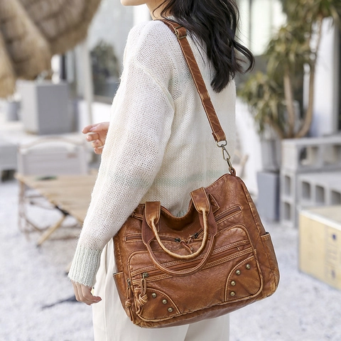 Vintage Brown PU Washed Leather Multi Pocket Tote Shoulder Crossbody Bag For Women Large Capacity Slouchy Style Fashion