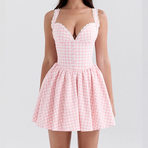 Pink Gingham Mini Dress Corset Style Sleeveless Lace Trim Spaghetti Strap Sweet Sexy A-Line French Retro Clothing Women