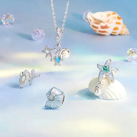 925 Sterling Silver Ocean Series Charm Beads Enamel Starfish Shell Turtle Dolphin Rhinestone Artificial Pearl Charms For Women DIY Jewelry Making