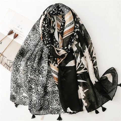 Leopard Blumen Print Schal Leichter Voile Schal Mit Quasten Color Block Mode Wickeltücher Für Damen