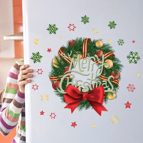 Christmas Wreath Snowflake Wall Stickers PVC Waterproof Removable Festival Window Decals For Living Room Glass Door
