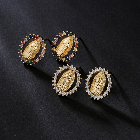 Our Lady Of Guadalupe Stud Earrings 18K Gold Plated Brass Virgin Mary Religious Jewelry With Colorful Cubic Zirconia