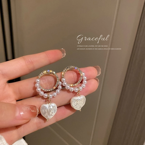 Hartvormige Kunstparel Oorbellen Met Strass Ring En 925 Sterling Silver Earring Post Koreaanse Elegante Sieraden Voor Dames