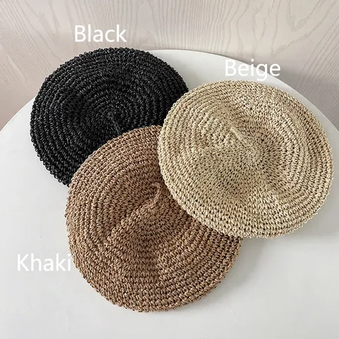 Handmade Crochet Paper Straw Beret Women Summer Breathable Lightweight Fashion Korean Style Newsboy Sun Hat