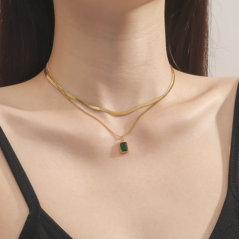 Collana Doppio Strato in Acciaio Inossidabile Vintage Per Donna Ciondolo Strass Verde Smeraldo Placcato Oro Gioielli Moda