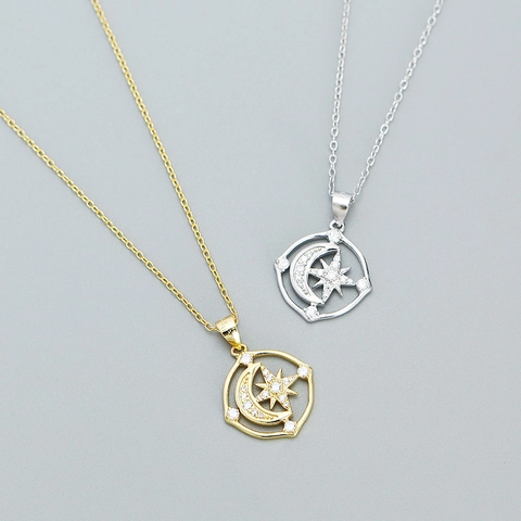 925 Sterlingsilber Stern Mond Anhänger Halskette Für Damen Luxus Achtzackiger Stern Mond Strass Inlay Schlüsselbein Kette Schmuck