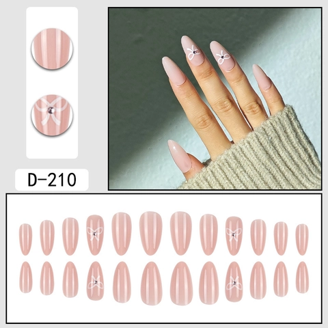 Uñas Postizas De Forma Almendra Rosa Nude Largas Con Lazo Blanco Decoración De Diamantes De Imitación Manicura Elegante