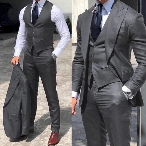 Traje De Negocios Para Hombre Poliéster Corte Ajustado Un Botón Solapa De Pico Boda Formal Chaqueta Chaleco Pantalones