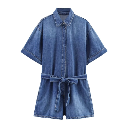 Women Short Sleeve Denim Romper With Belt Button Down Casual Workwear Style Summer Blue Cotton Blend Jean Jumpsuit For Daily