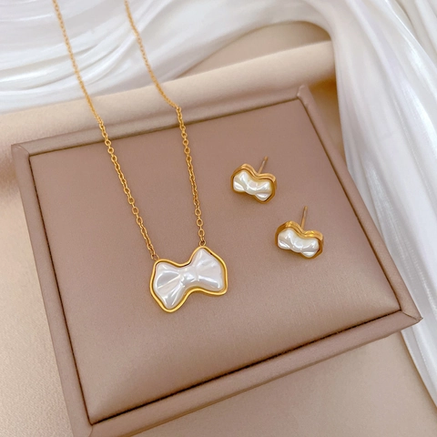 Collana Con Pendente A Fiocco Acciaio Al Titanio Madreperla Placcato Oro Catena Da Clavicola Gioielli Minimalisti Per Donna