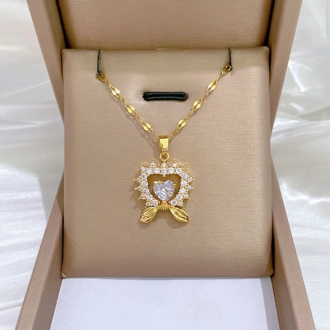Collar De Colgante De Corazón Acero Inoxidable Cobre Circón Lazo Clavícula Joyería Elegante Mujeres Dorado