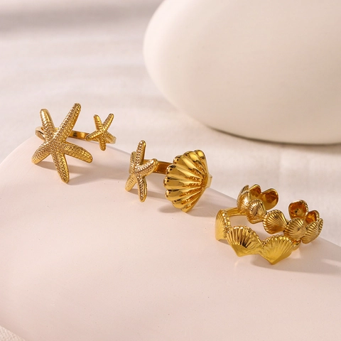 Starfish Shell Ocean Theme Rings Gold Plated Stainless Steel Adjustable Open Band Summer Beach Vacation Jewelry For Women