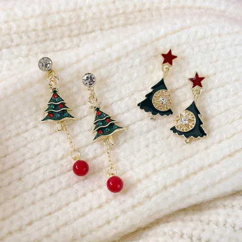 Weihnachtsbaum Legierung Emaille Ohrringe Stern Schneeflocke Straß Rote Perle Festliche Ohrstecker Schmuck Für Damen