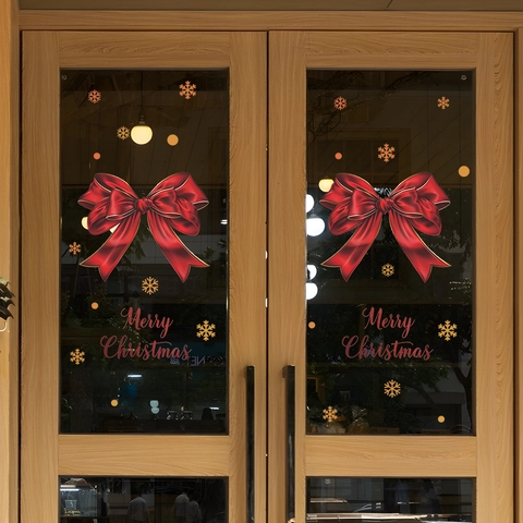 Merry Christmas Window Stickers Red Bow Golden Snowflakes PVC Static Cling Decals For Glass Festive Party Decor
