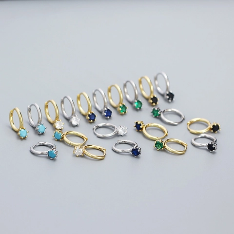 Pendientes De Aro De Plata De Ley 925 Circón Redondo Turquesa Solitario Seis Garras Mini Hebilla De Oreja Joyas Sencillas Para Mujer