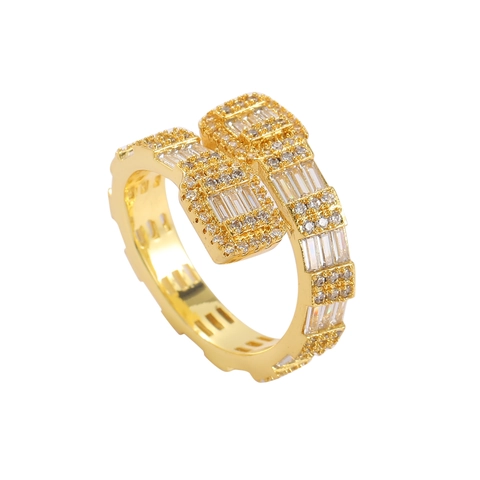 Hip Hop Iced Out Baguette Zirkonia Ring 18K Vergoldetes Kupfer Geometrisch Offener Ring Für Damen Herren Schmuck