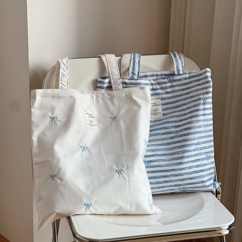 Katoenen Canvas Tote Tas Blauwe Strik Borduurwerk Gestreepte Gingham Schoudertas Casual Minimalistische Student Shopper