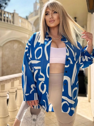 Women Long Sleeve Blouse Abstract Print Polo Collar Button Down Loose Casual Chic Shirt Polyester