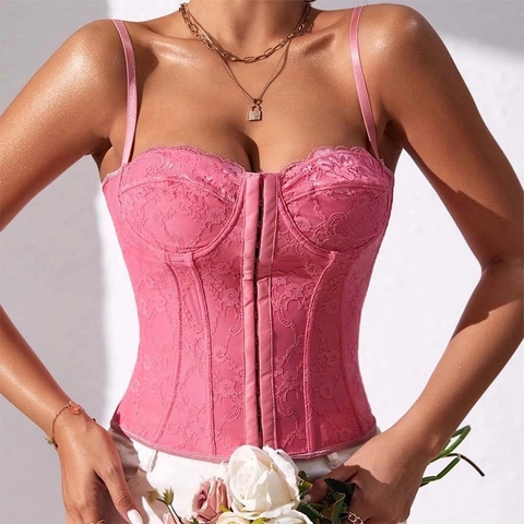 Women Sexy Lace Corset Top Vintage Push Up Bustier Hook And Eye Closure Spaghetti Straps Fishbone Support Slim Fit