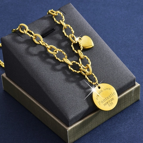 Collier Pendentif Cœur Et Médaille Ronde Acier Inoxydable Gravé Eternal Love Chaîne Épaisse Bijoux Pour Femmes