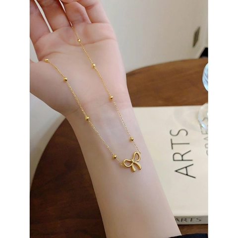Collana Pendente Fiocco Acciaio Inossidabile Cavo Placcato Oro Catena Perline Girocollo Clavicola Donne Dolce Elegante