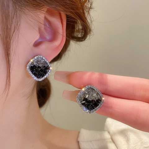 Orecchini A Lobo Quadrati Con Silver Earring Post Cristallo Artificiale Rhinestone Geometrico Contrasto Colore Elegante Stile