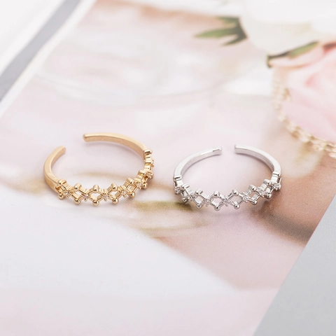 Minimalist Copper Open Ring For Women Adjustable Geometric Lattice Zirconia Inlaid Gold Silver Plated Fashion Jewelry Finger Ring Gift