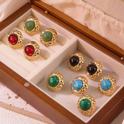 Vintage Round Stud Earrings Stainless Steel Quilted Texture Gold Plated Colorful Geometric Retro Style For Women