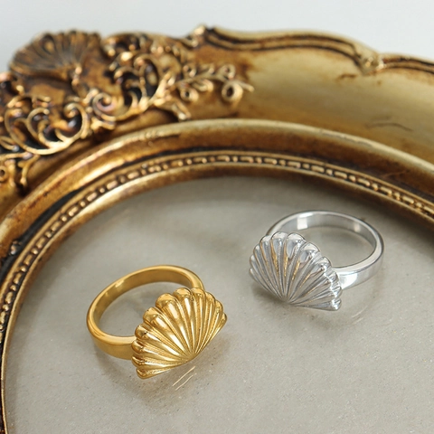 Anello Conchiglia Capasanta Acciaio Al Titanio Placcato Oro Brezza Marina Gioielli Chic Minimalista Accessorio Per Donne