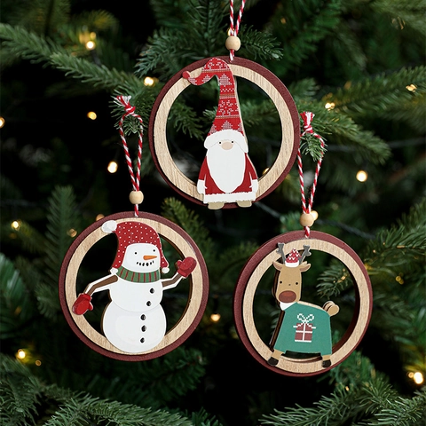 Ornements Suspendus Noël En Bois Rond Creux Père Noël Bonhomme De Neige Renne Décoration Arbre Saisonnière