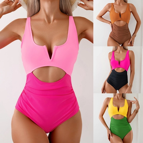 Maillot De Bain Une Pièce Femme Color Block Découpé Froncé Ventre Plat Col En V Dos Nu Nylon Élasthanne Plage