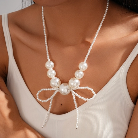 Collana Di Künstliche Perle Sintetiche Con Ciondolo A Fiocco Vintage Francese Elegante Catena Lunga Per Maglioni Da Donna