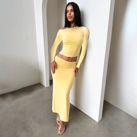 Off Shoulder Long Sleeve Top And Ruched Maxi Skirt Polyester Spandex Solid Color Tight Fit Sexy Club Outfits For Women