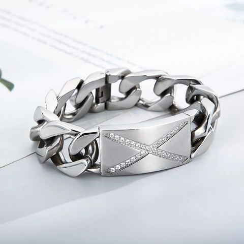 Men Cuban Link Chain Bracelet 316L Stainless Steel Heavy Wide Matte Brushed X Pattern Zircon Inlay Hip Hop Punk Jewelry