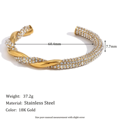 Twisted Open Cuff Bracelet 18K Gold Plated Stainless Steel Pave Rhinestone Asymmetric Sparkly Retro Jewelry For Women