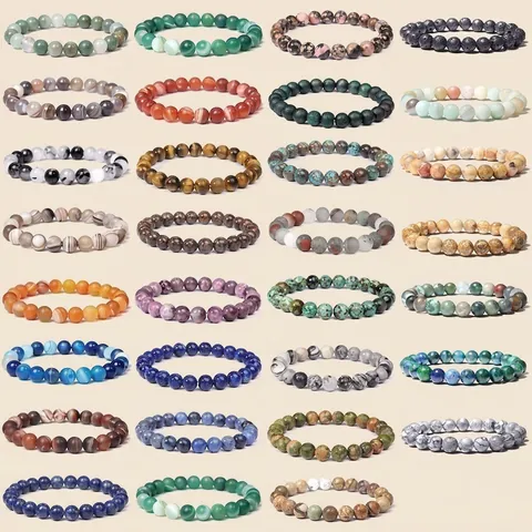 Natural Stone Beaded Bracelet Elastic Agate Tiger Eye Turquoise Amethyst Healing Minimalist Handmade Jewelry Unisex